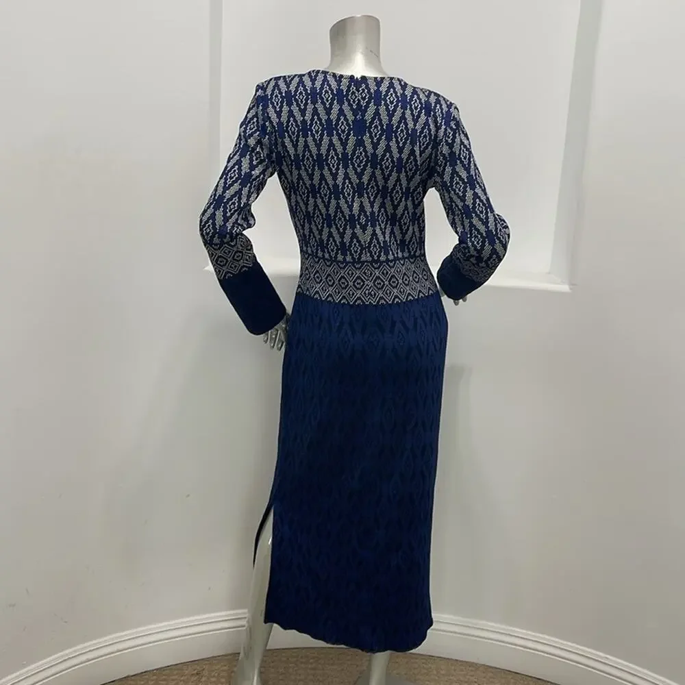 St. John Evening Diamond Jacquard Knit Maxi Dress Navy Blue Silver Long Sleeve 4 - Picture 13 of 14